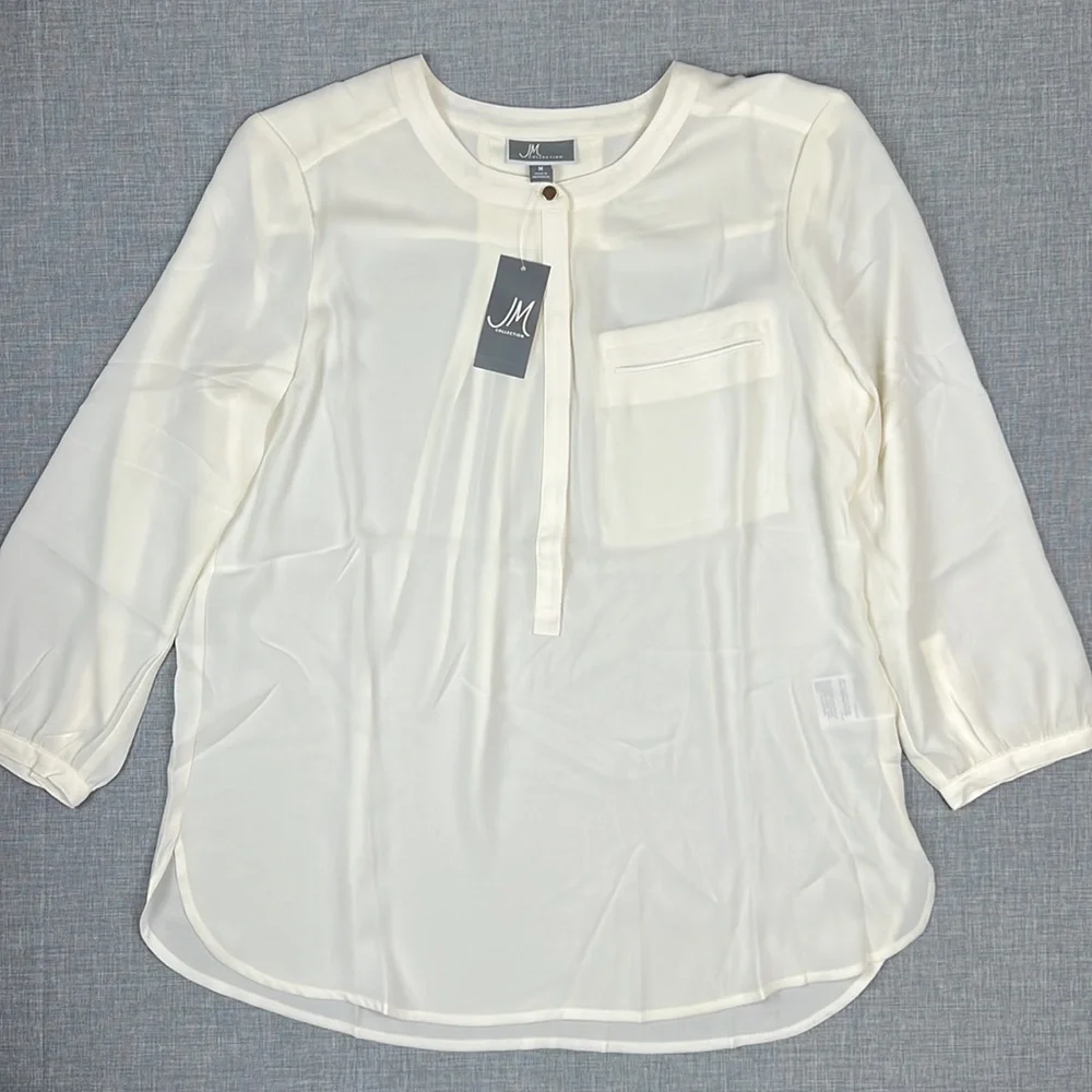 JM Collection Ivory Pleat-Back Semi Sheer Blouse Size Medium - Picture 2 of 6